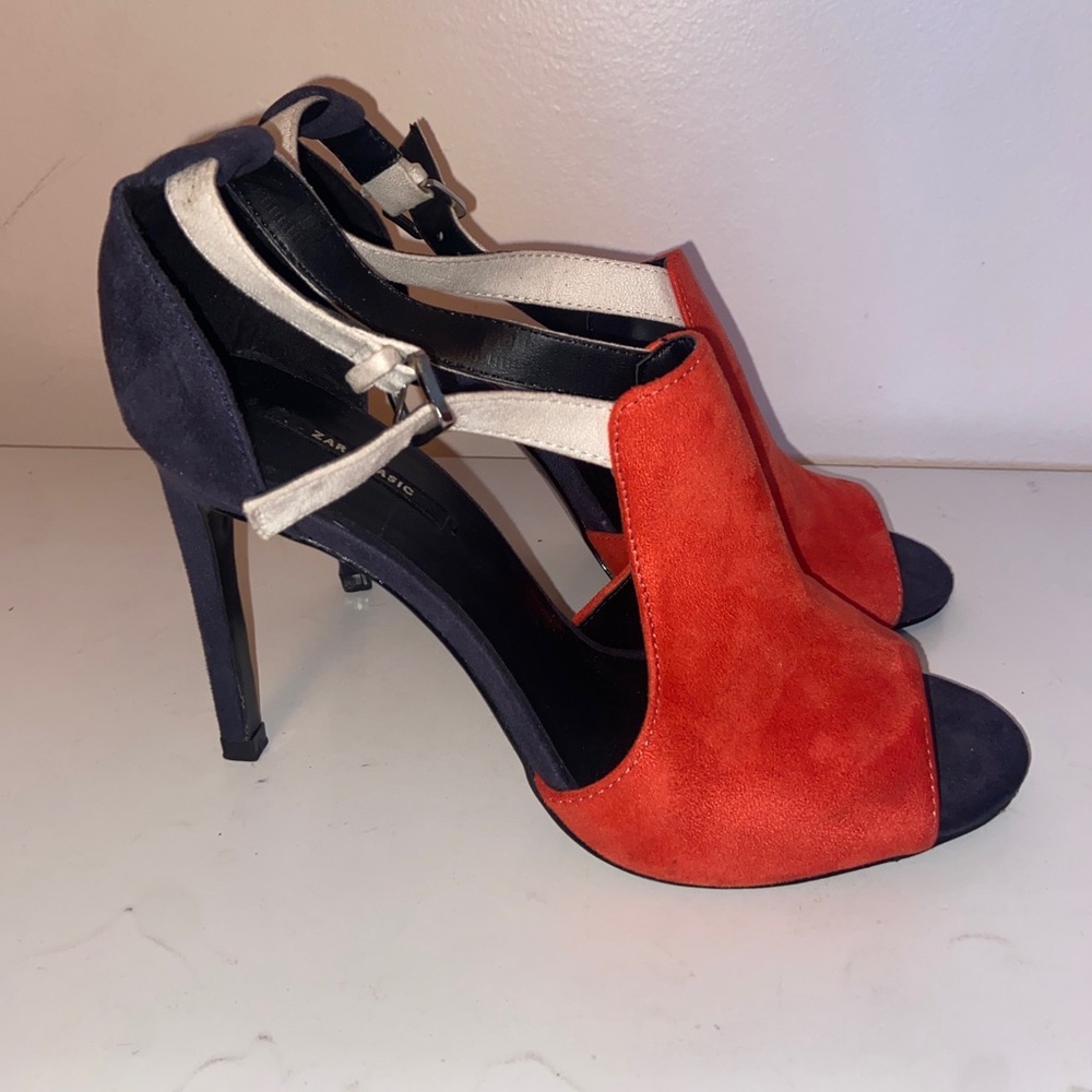 Zara High Heeled Orange Navy Blue Strap Sandals Women's Size EU 40 / US 9